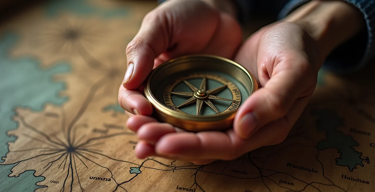 Vue macro sur des mains tenant une boussole ancienne posée sur une carte stylisée de la Vendée