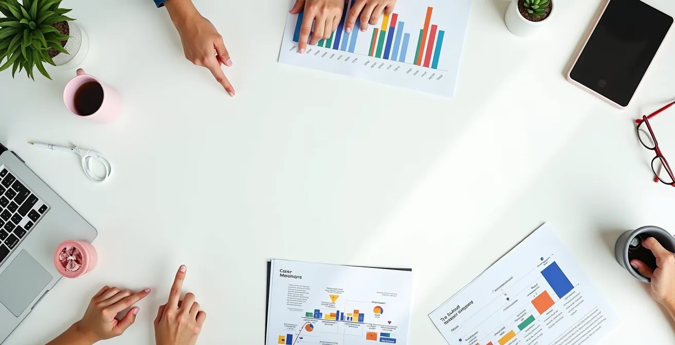 Vue aérienne d'une table de travail avec documents de planification de carrière