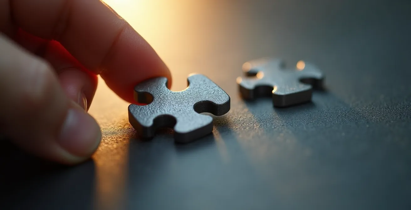 Détail macro d'une main tenant une pièce de puzzle s'intégrant parfaitement