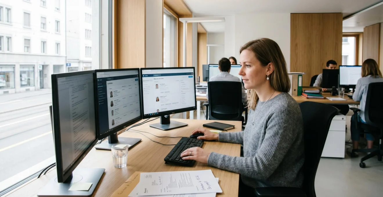 Consultant en recrutement travaillant sur des bases de données de candidats dans un bureau de cabinet de recrutement suisse moderne