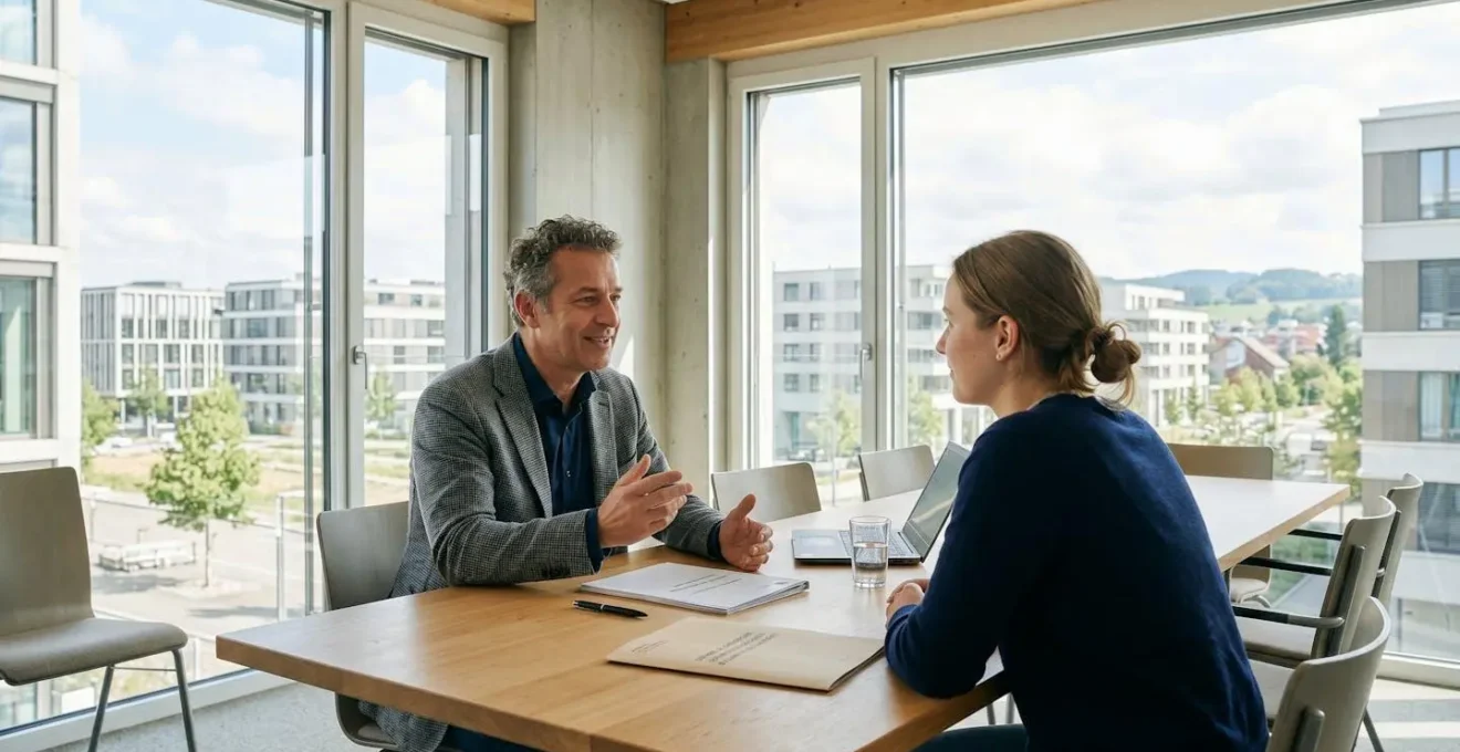 Entretien de recrutement entre un dirigeant de PME et un candidat dans une salle de réunion moderne avec vue sur le paysage suisse